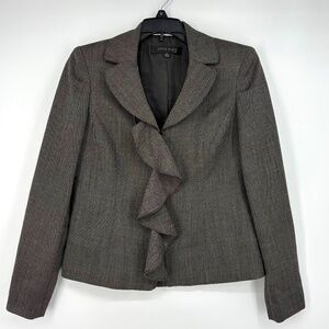 Anne Klein Womens PETITE Size 2P Four Button Suit Jacket Brown Pattern Ruffle LS
